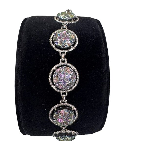 Vintage Sarah Coventry Silver Bracelet Iridescent Floral Etched Cabochons Rope - Picture 2 of 10